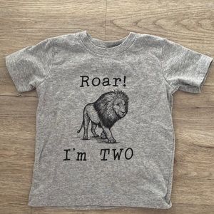 “Roar! I’m TWO”, Rabbit Skins, Size 2T Grey and Black shirt.